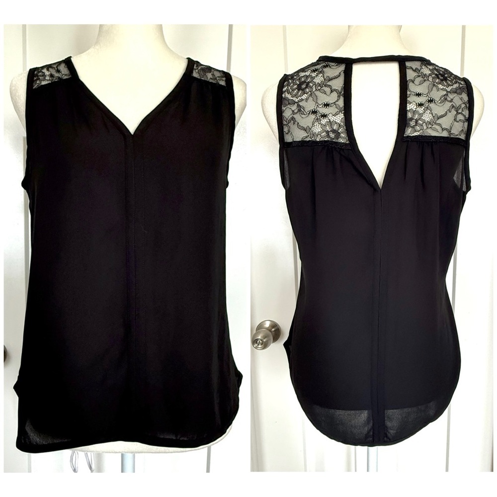 Banana Republic Petite Black Lace Yoke Sleeveless Blouse | XSP